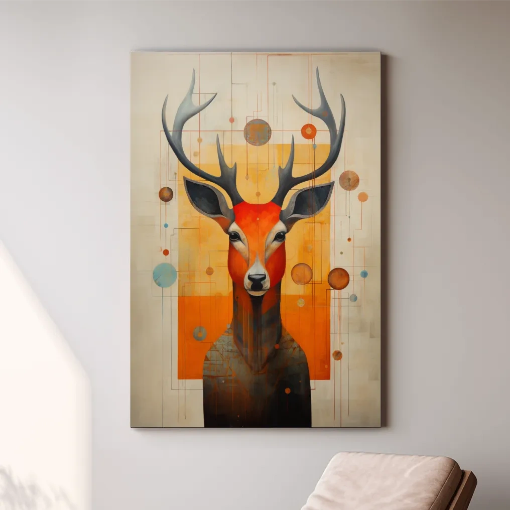 Mid Century Abstract Stag Portrait Painting - Quirky Wildlife Wall Art