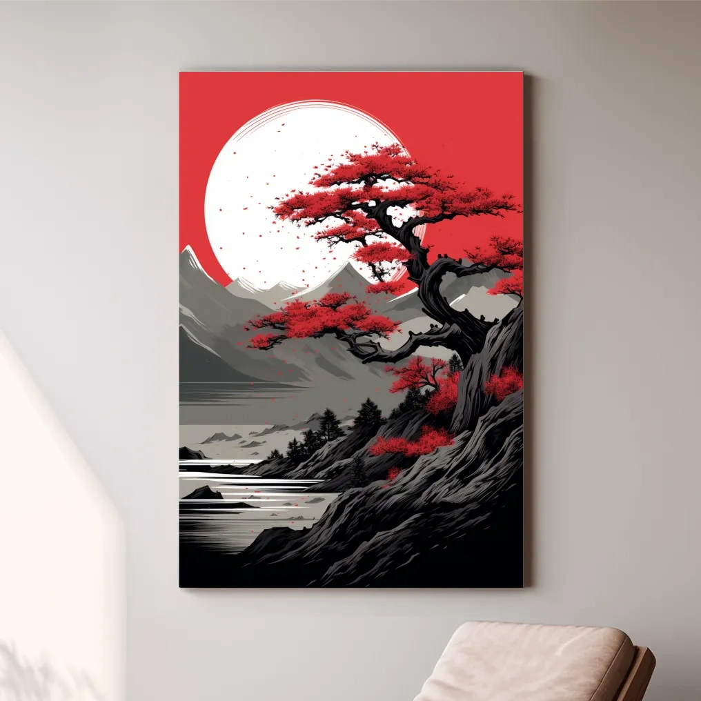 Japanese minimal art, bonsai tree on a cliff
