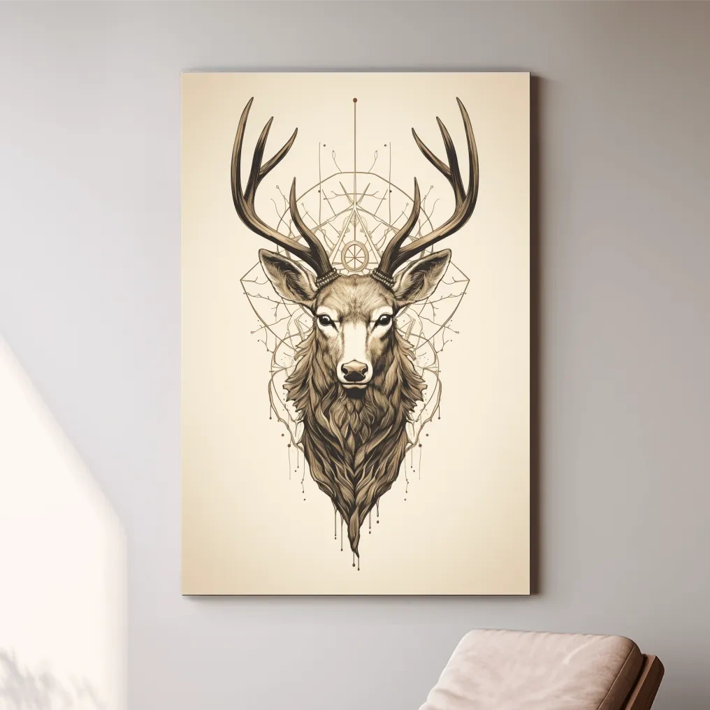 Ornate Stag Head Line Art - Minimalist Tattoo Style Wildlife Wall Art