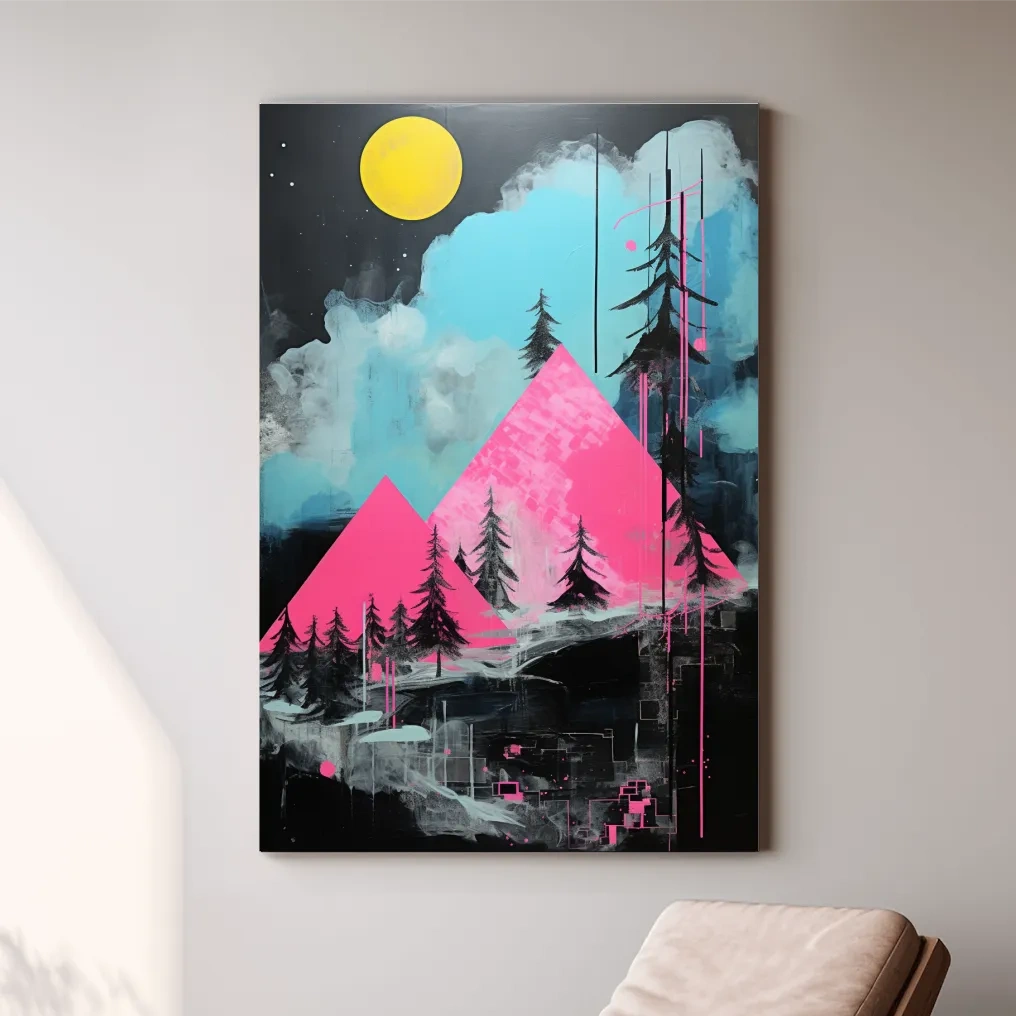 Pink and black acrylic painting, triangular abstract mountains