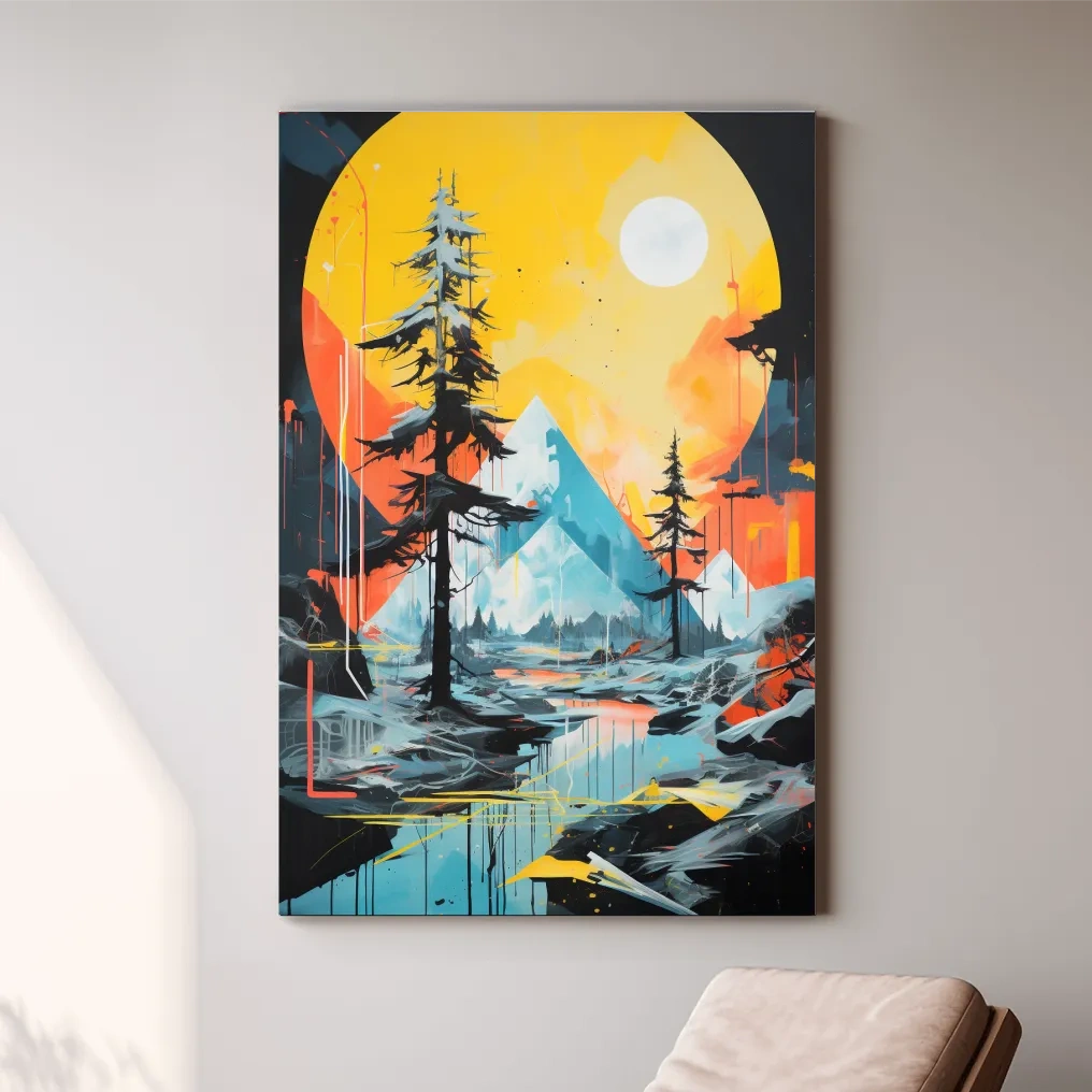 Abstract geometric painting of a glacier alpine landscape at sunset