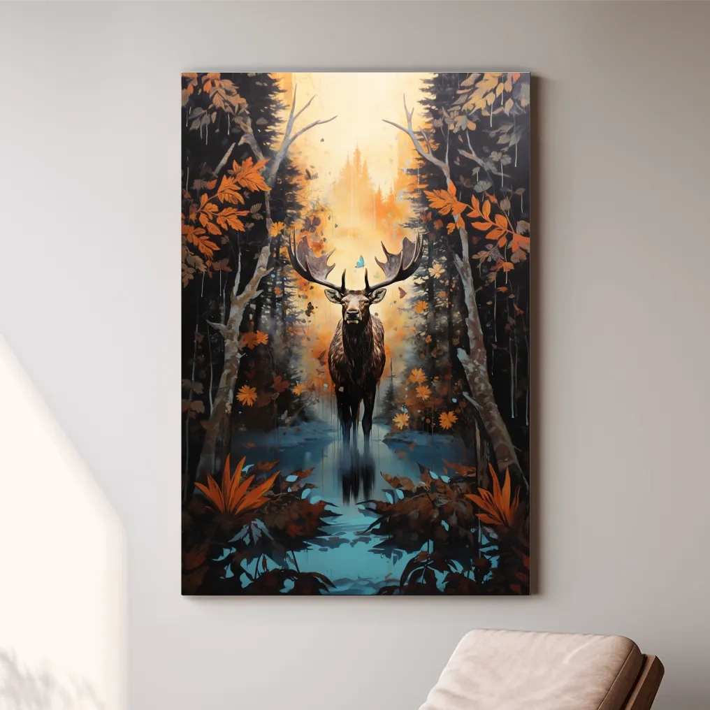 Painting of a moose in the woods in autumn