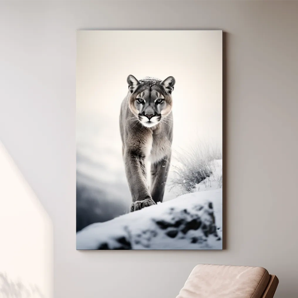 Majestic Cougar Close Up Wildlife Photography - Minimalist Winter Wall Art