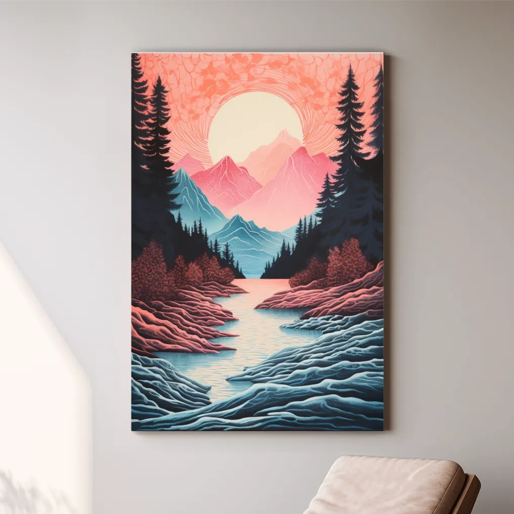 Risograph style illustration of an alpine valley at sunset