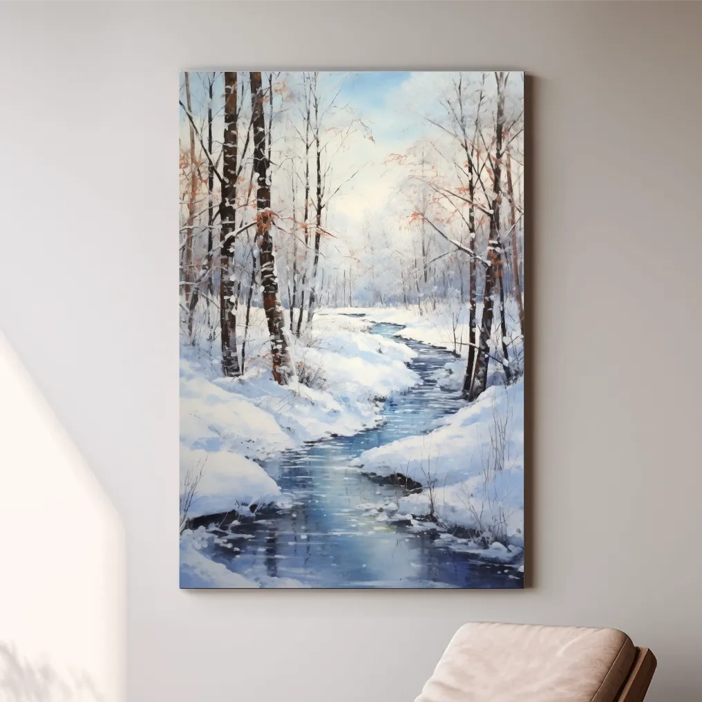 Serene Winter River Forest Painting - Snowy Woodland Wall Art