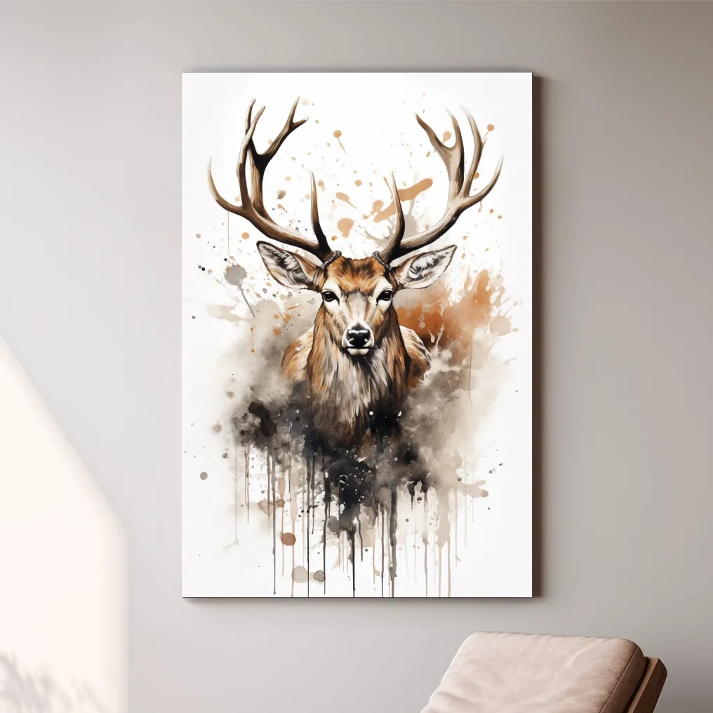 Splattered watercolour painting of a deers head