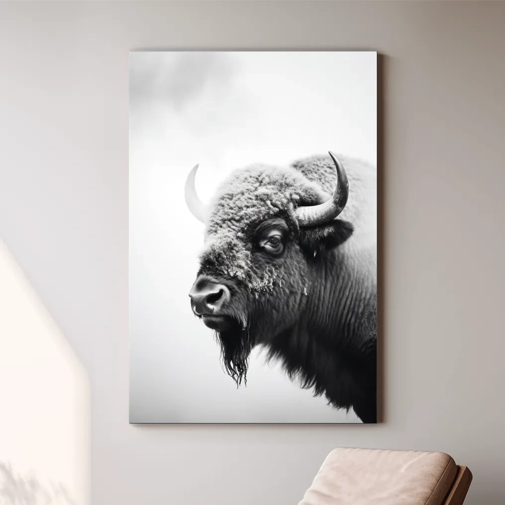 Photographic art, black and white photo of a bison in winter