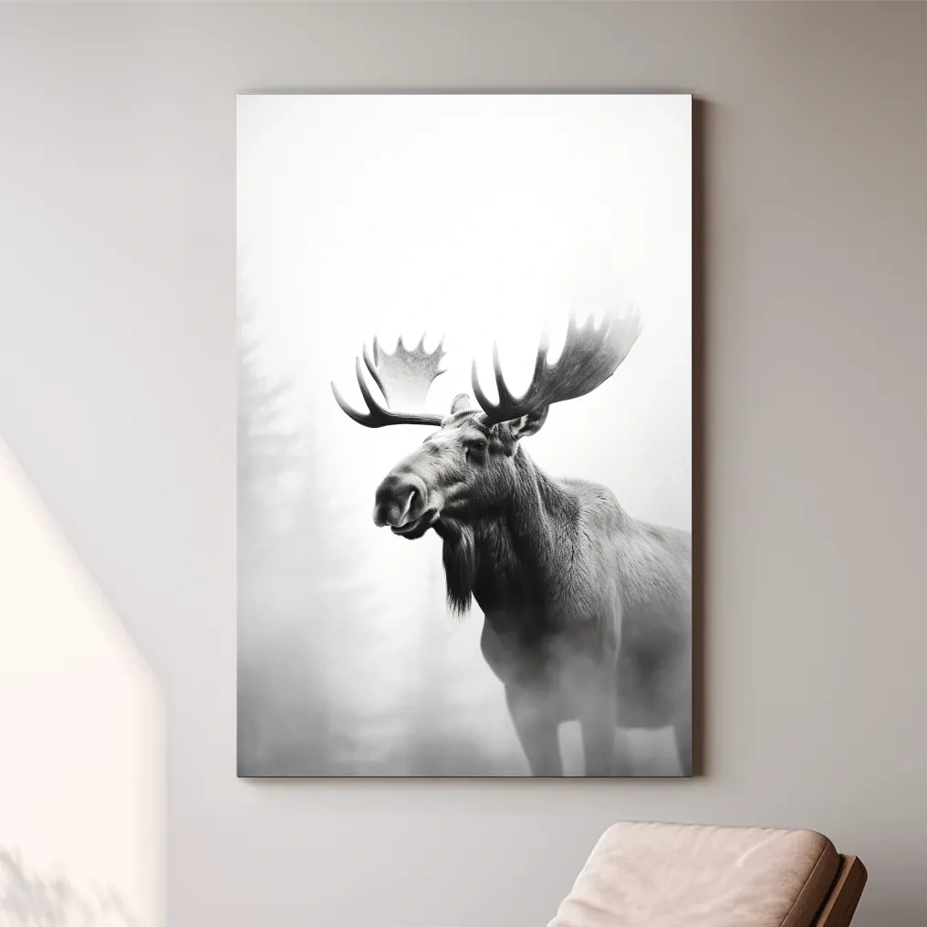 High contrast black and white photograph art of a large moose