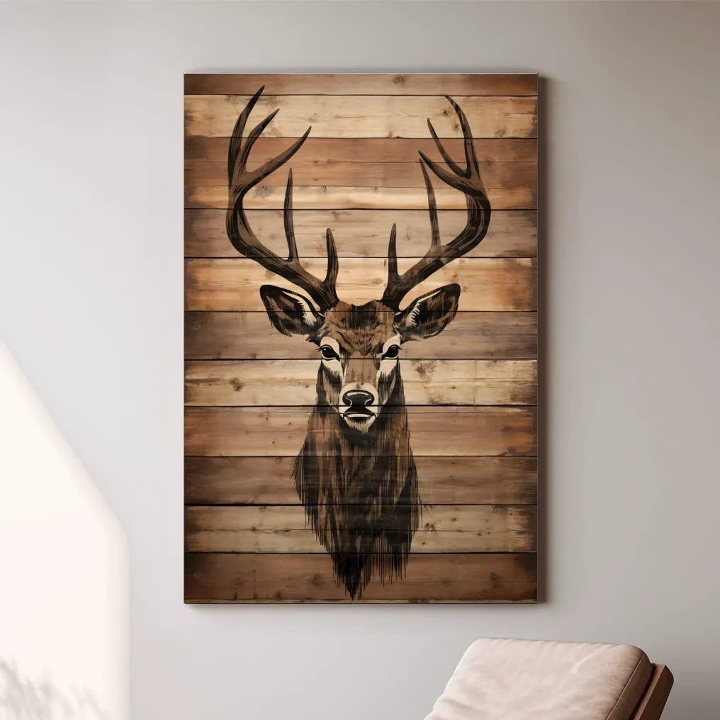 Wood burning art, deer head on wooden panels