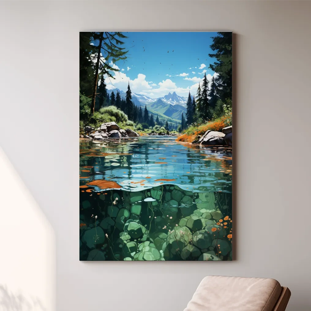 Crystal Clear Alpine River Landscape Illustration - Vibrant Mountain Forest Artwork