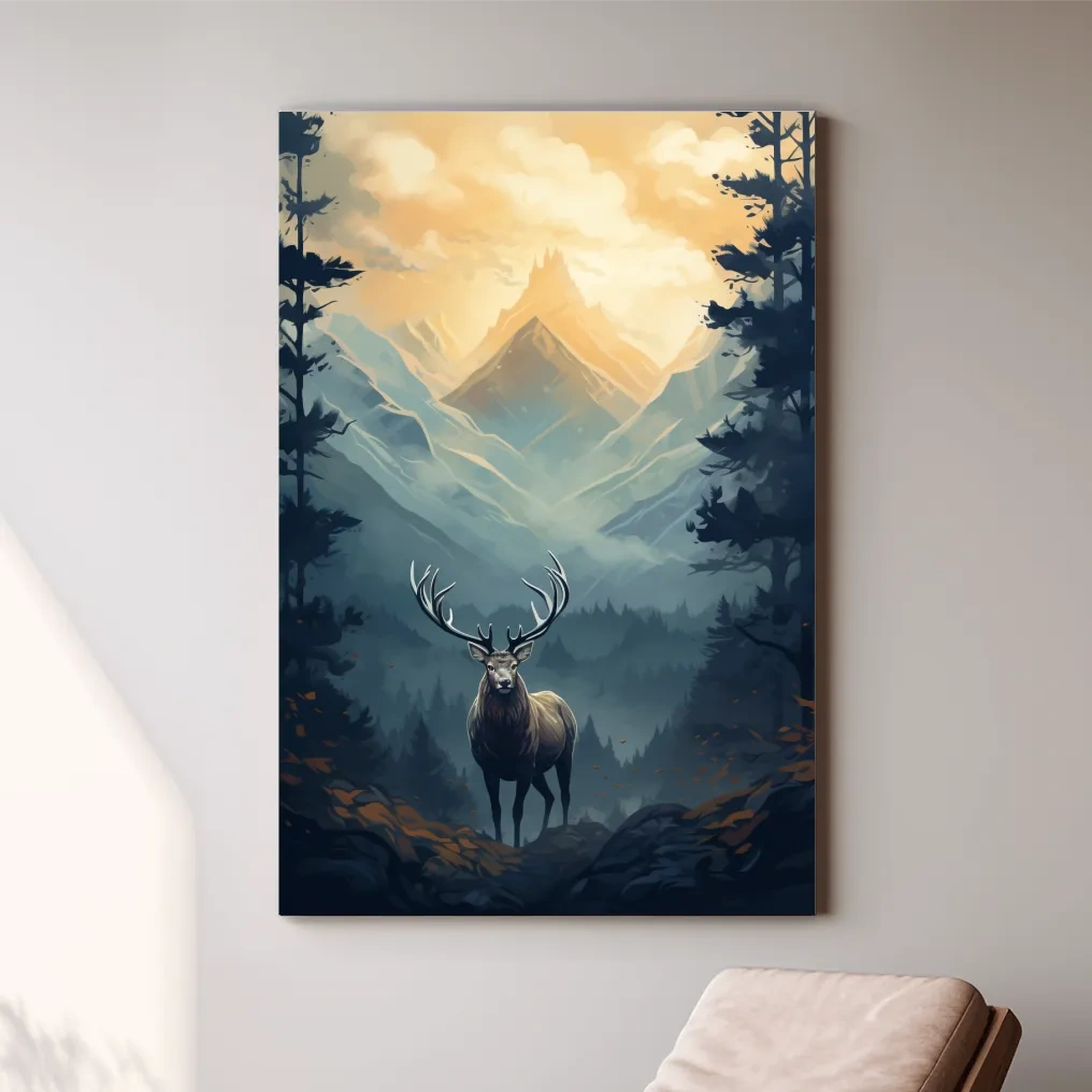 Serene illustration of a majestic deer in the forest at sunset
