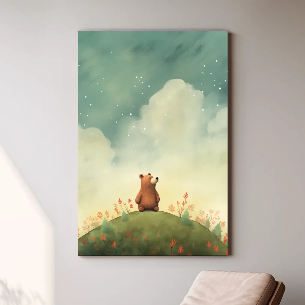Nursery artwork, illustration of a cute happy bear gazing into the night sky