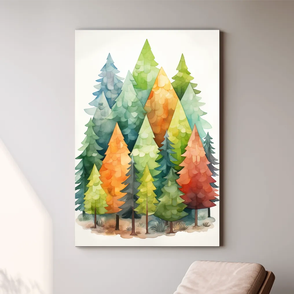 Watercolour painting of a colourful forest