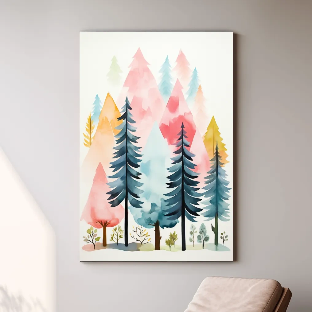 Watercolor style story book illustration art of a colorful forest