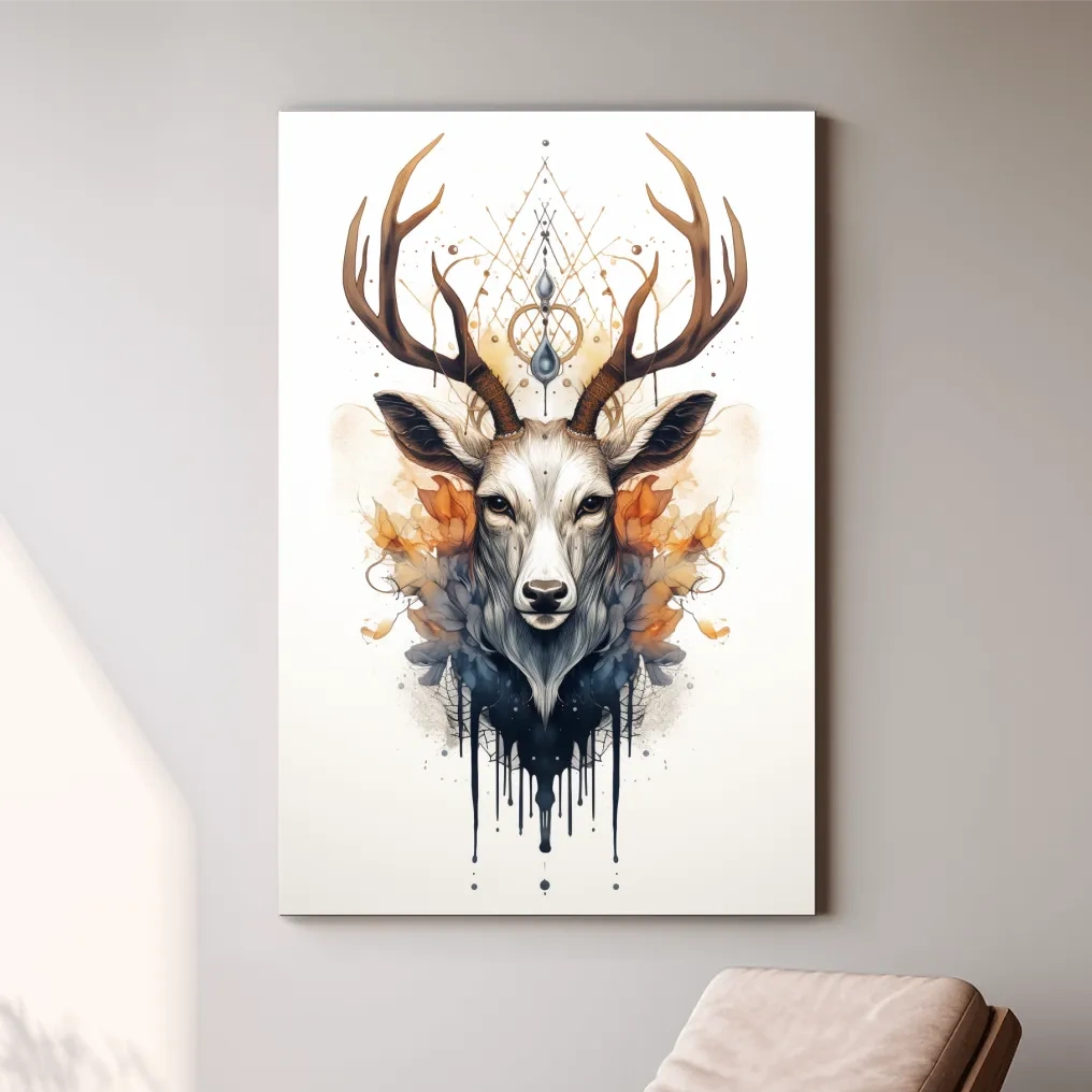 Ornate tribal style illustration of deer head with flowers