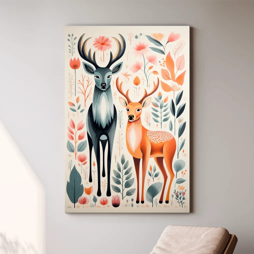 Flat colour vector print of deers and foliage, folk art style
