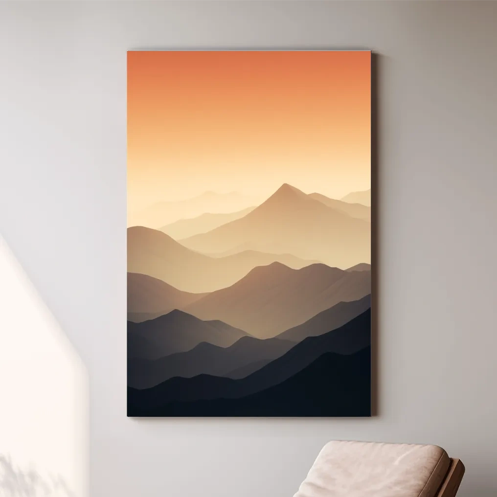 Subtle mountain sunset artwork, ridgelines fading into the sky