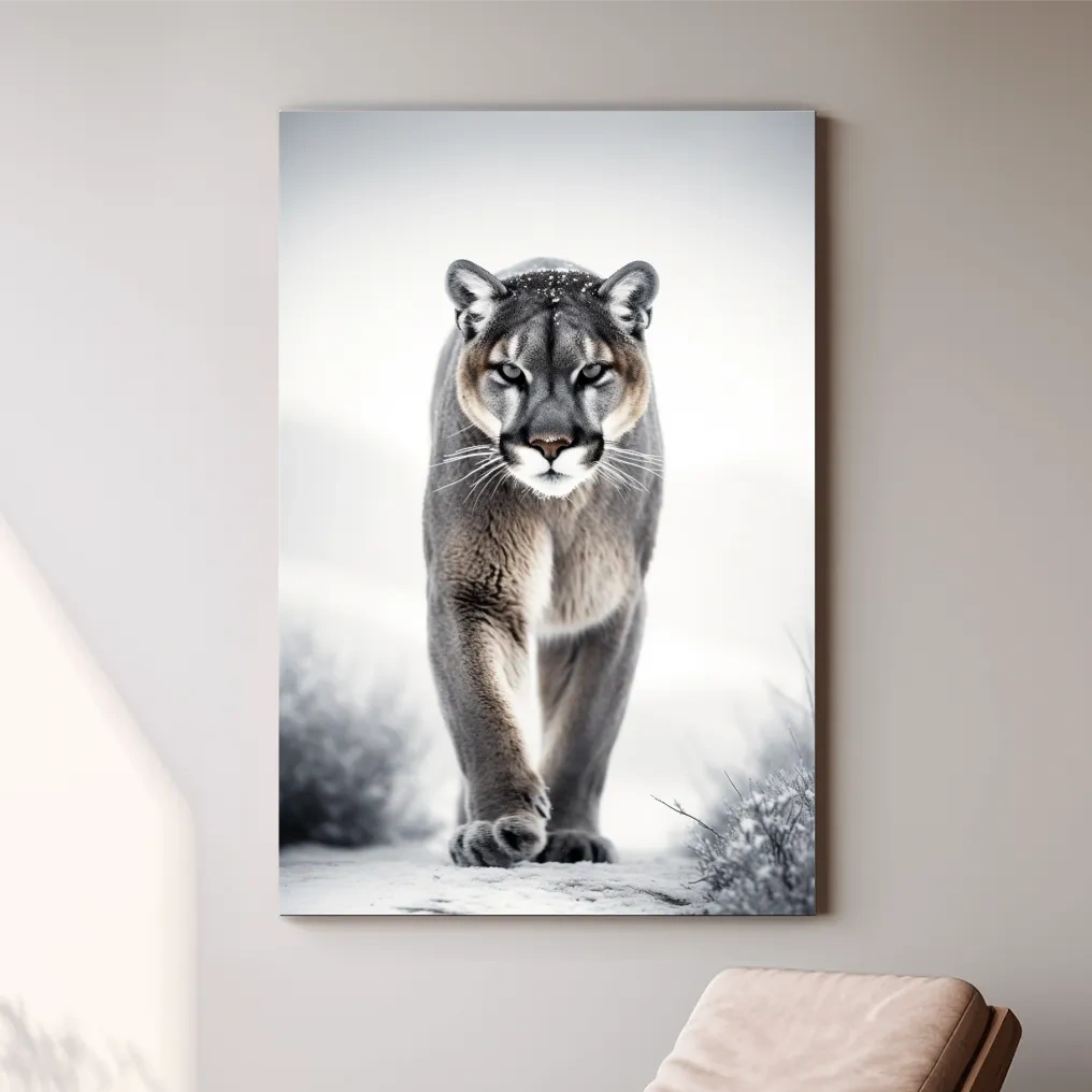 Photograph of a mountain lion walking in snow