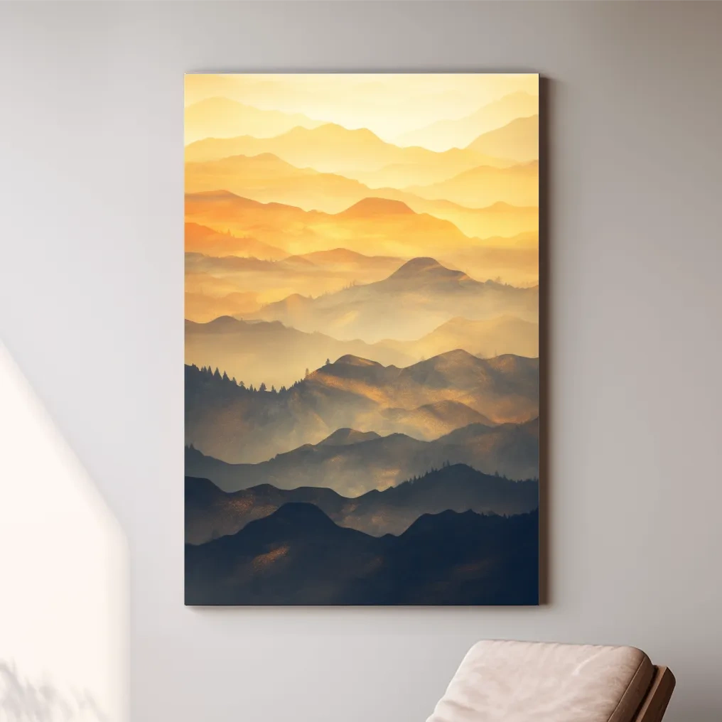 Mountain ridgelines at sunset, minimal watercolour patterns