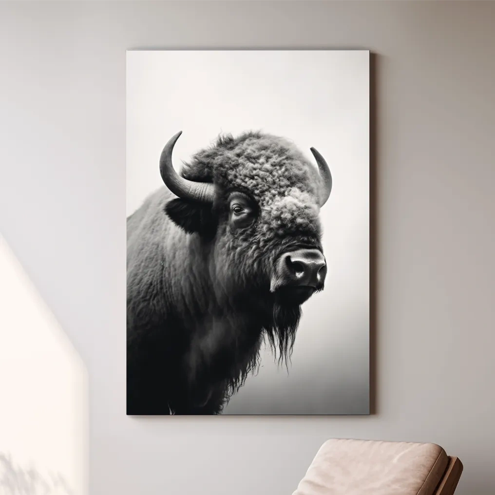 Photographic art, black and white photo of a bison on a crisp winter morning