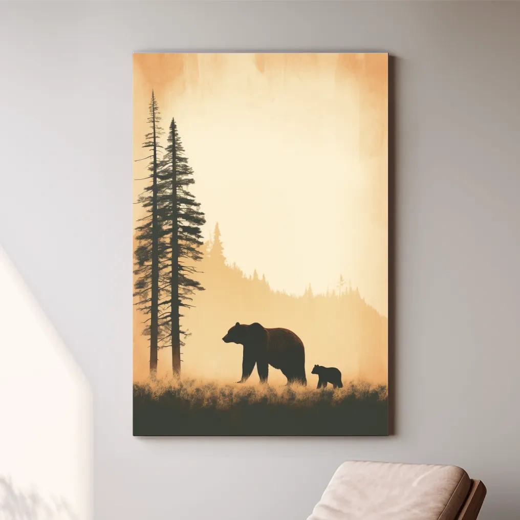 Grizzly Bear And Cub Silhouettes - Misty Forest Minimalist Wall Art