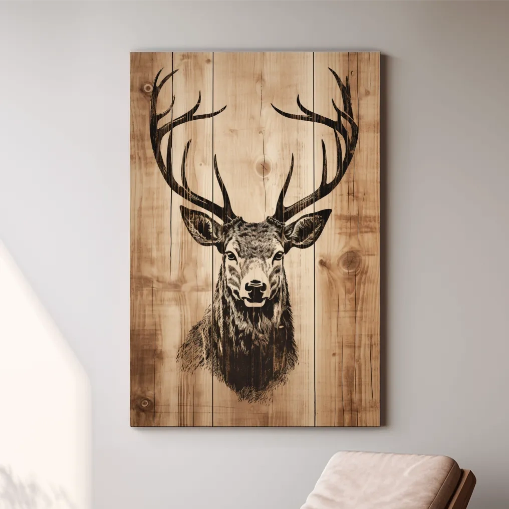 Wood burning style art, deer head on wooden panels