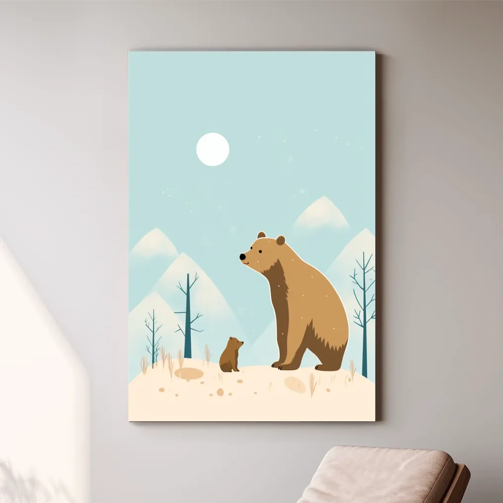 Minimal illustration art of a mama bear and her cub