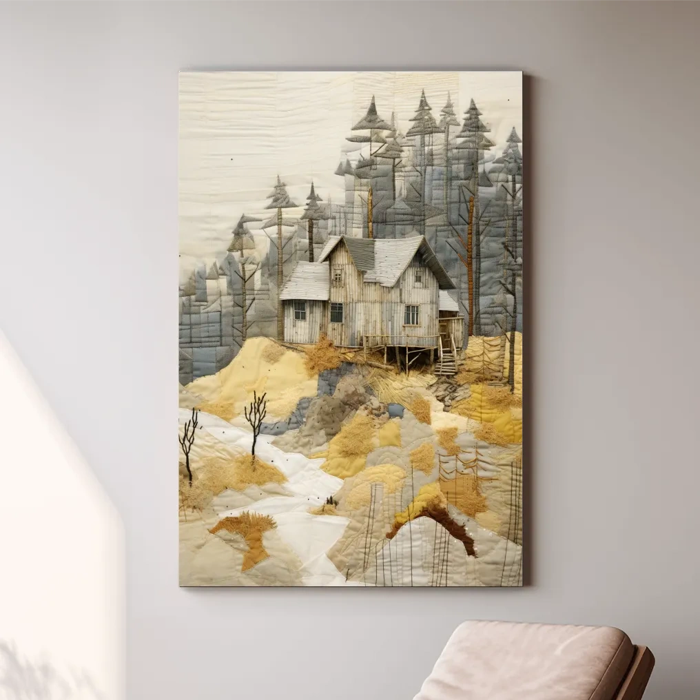 Cabin in the forest, fabric patchwork style art print