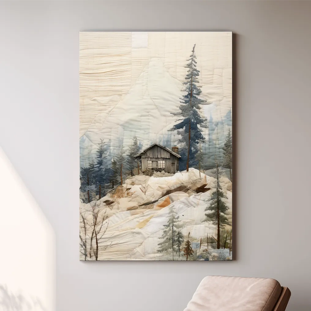 Cabin in the alpine forest, patchwork fabric style mountain wall art