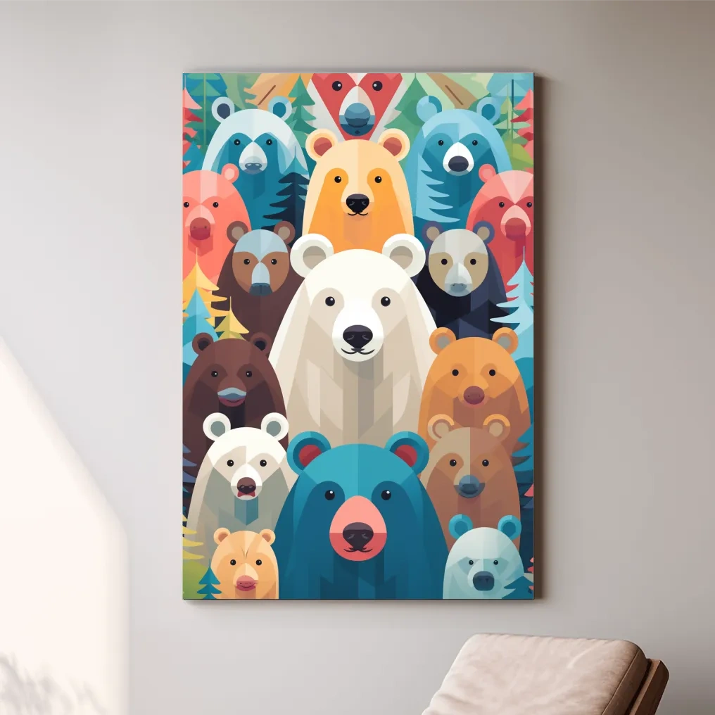 Illustration of colorful vibrant bears, childrens bedroom artwork