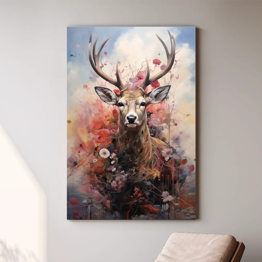 Painting of a deer head wrapped in flowers