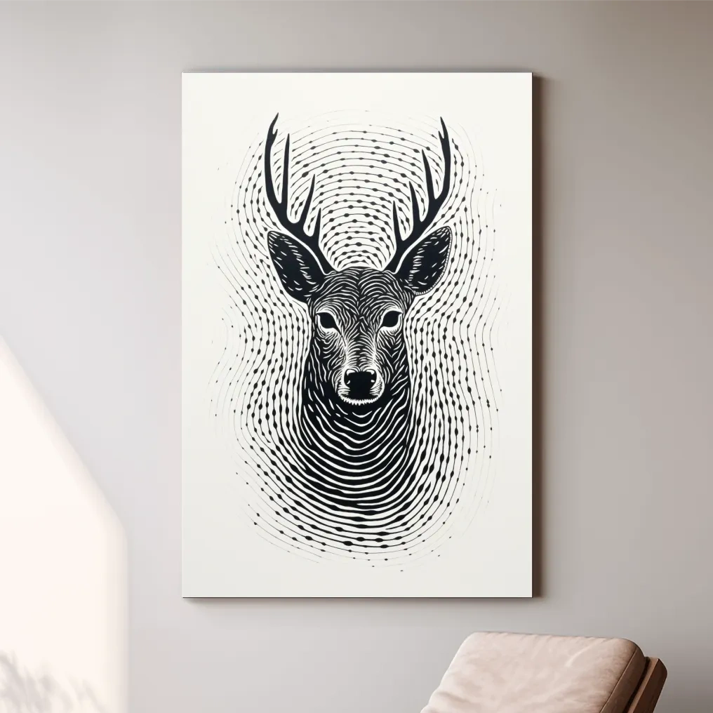 Psychedelic Deer Head Fingerprint Line Art - Black And White Wildlife Wall Art