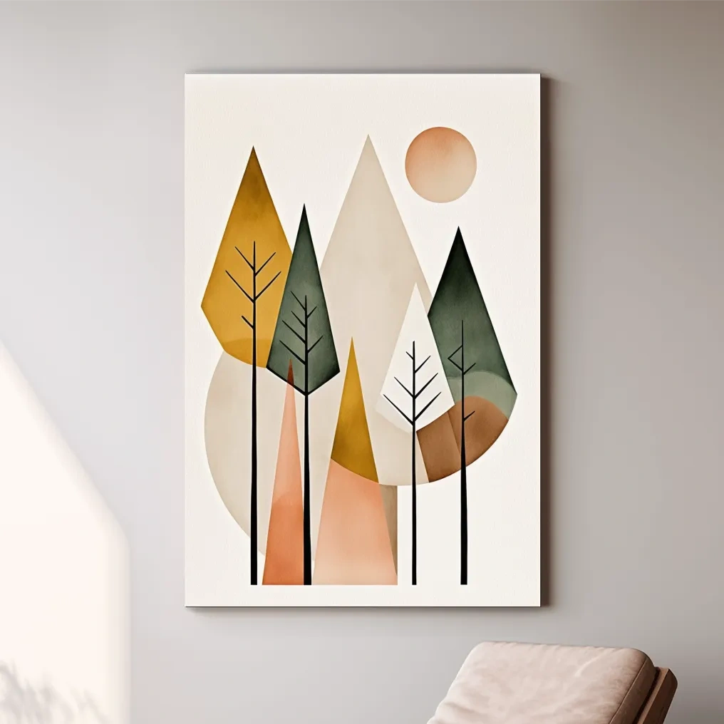 Minimalist Geometric Mountain Forest Artwork - Scandinavian Boho Wall Art