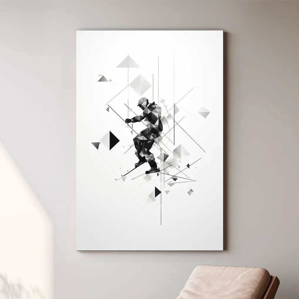 Monochrome Geometric Skier Silhouette - Abstract Winter Sports Wall Art