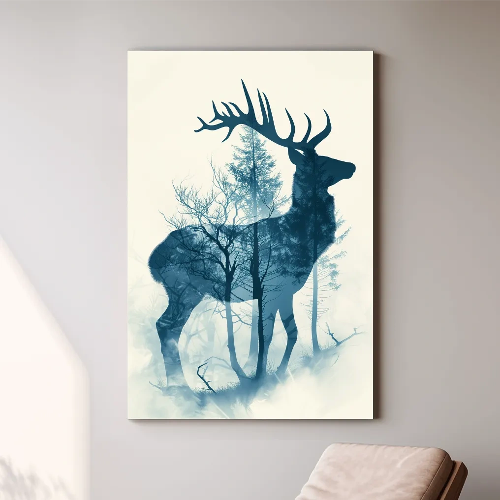 Moody Double Exposure Stag Silhouette - Misty Forest Wildlife Wall Art