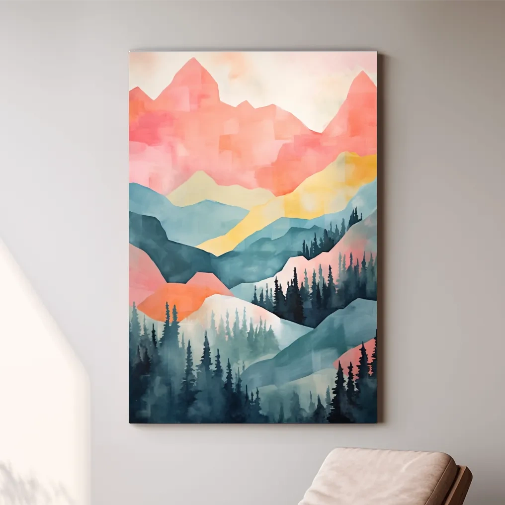 Abstract colorful painting of alpine mountains and trees