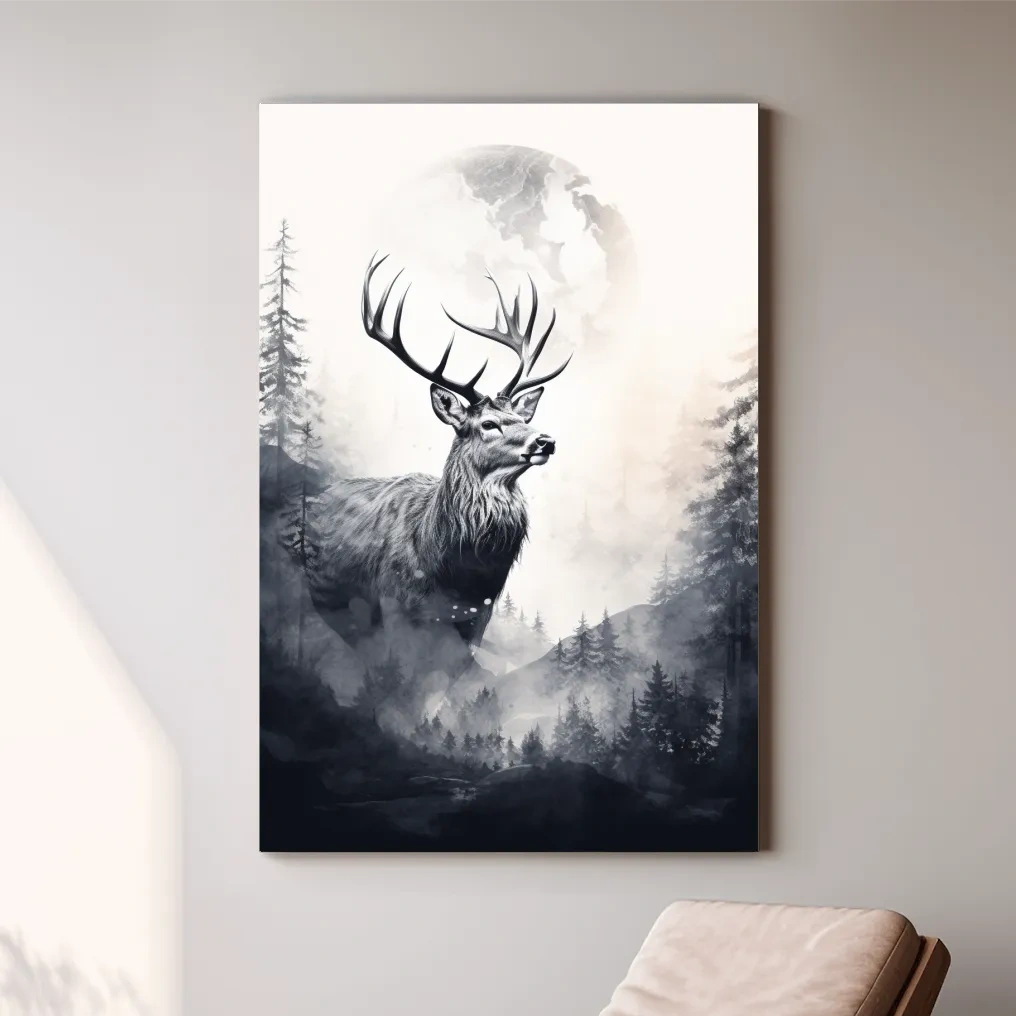 Majestic Stag In Misty Moonlit Forest - Double Exposure Wildlife Wall Art