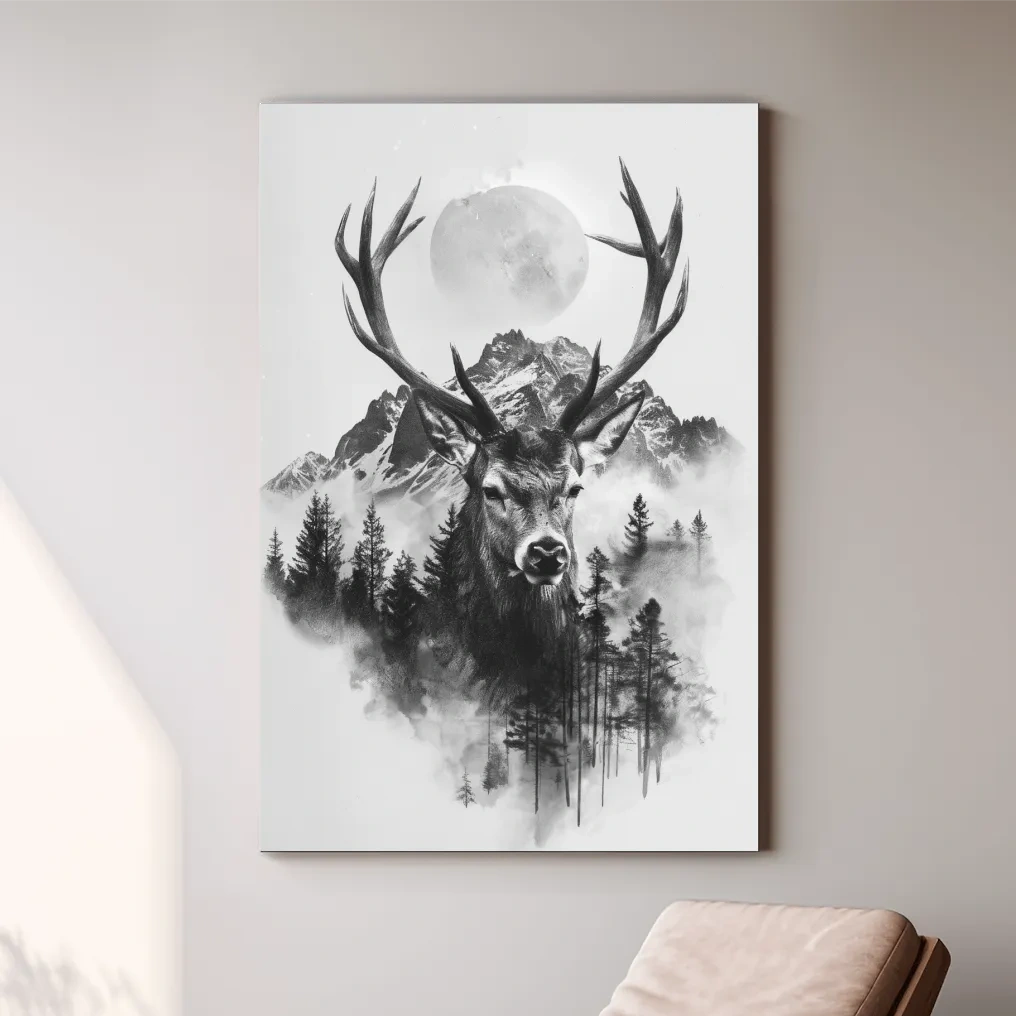 Double exposure style drawing artwork of a deer, forest, glacier and moon