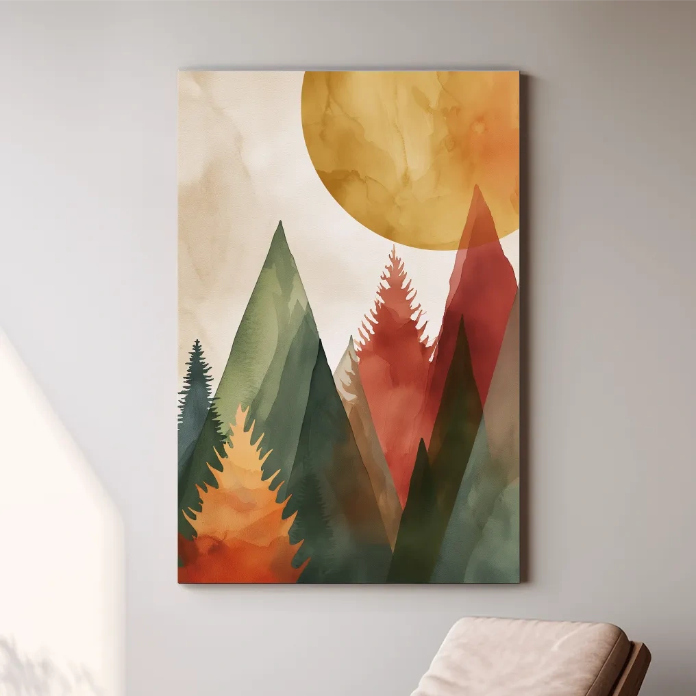 Trees and mountains under the sun, rustic boho watercolour print