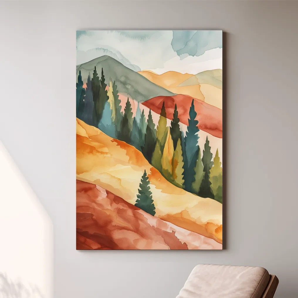 Rustic Autumn Watercolor Mountains & Pine Forest - Serene Abstract Landscape Wall Art