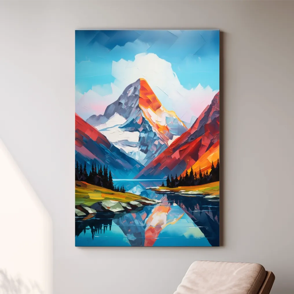 Alpine lake under a glacier, vibrant palette knife style impasto painting