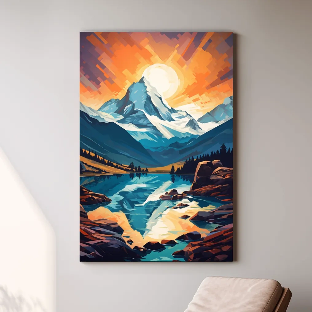Sunset over the alpine glaciers, vector mountain art