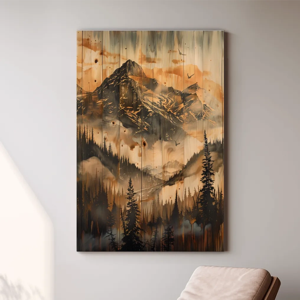 Mountain range wall art, wood panel effect, rustic cabin art, wood burning style