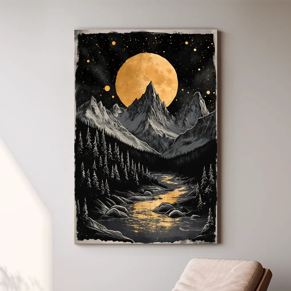 Moonlit alpine scene, dramatic glacier and moon artwork