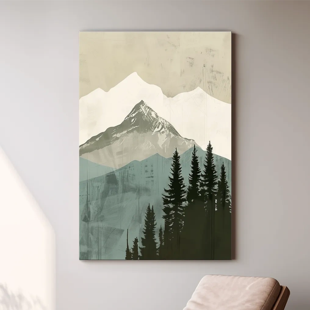 Scandinavian Mountain Peak And Pine Forest Artwork - Minimalist Landscape Wall Art