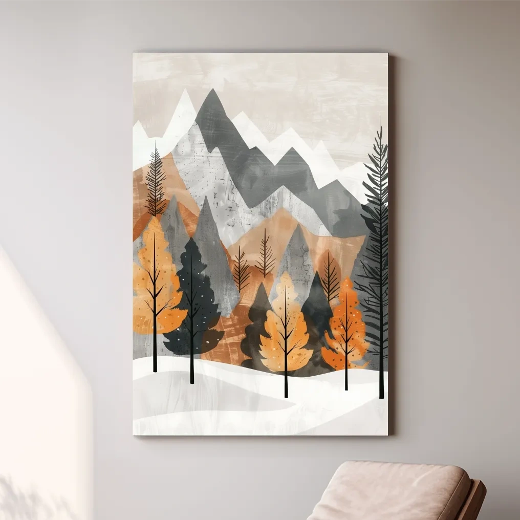 Scandinavian Autumn Mountain Forest Landscape - Minimalist Alpine Wall Art