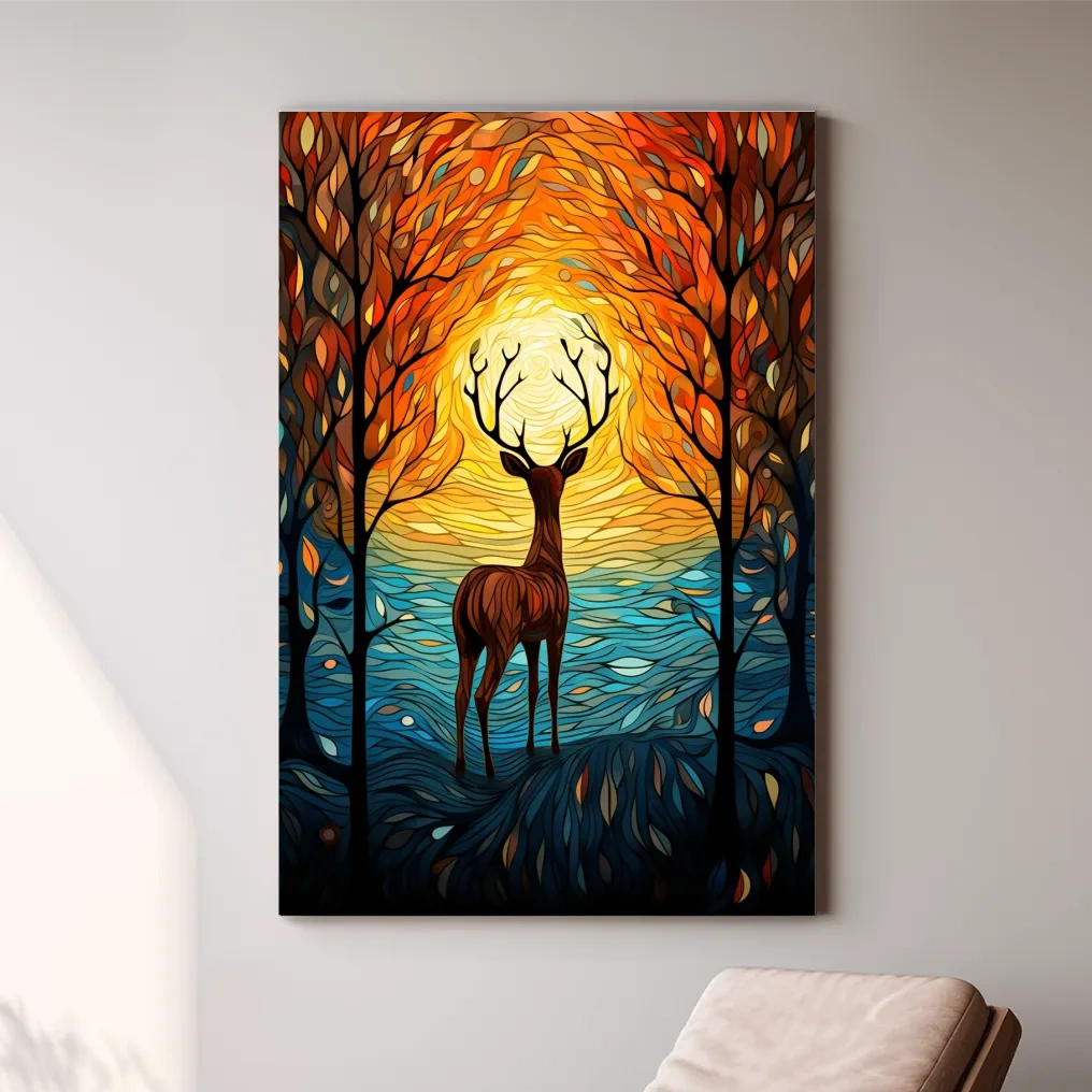 Deer in the forest at sunset, leadlight style artwork