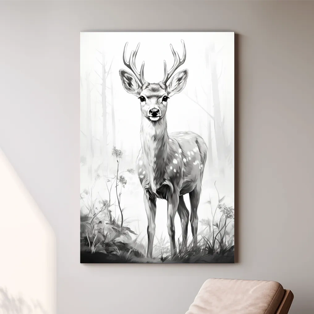 Black and white drawing artwork of a fallow deer
