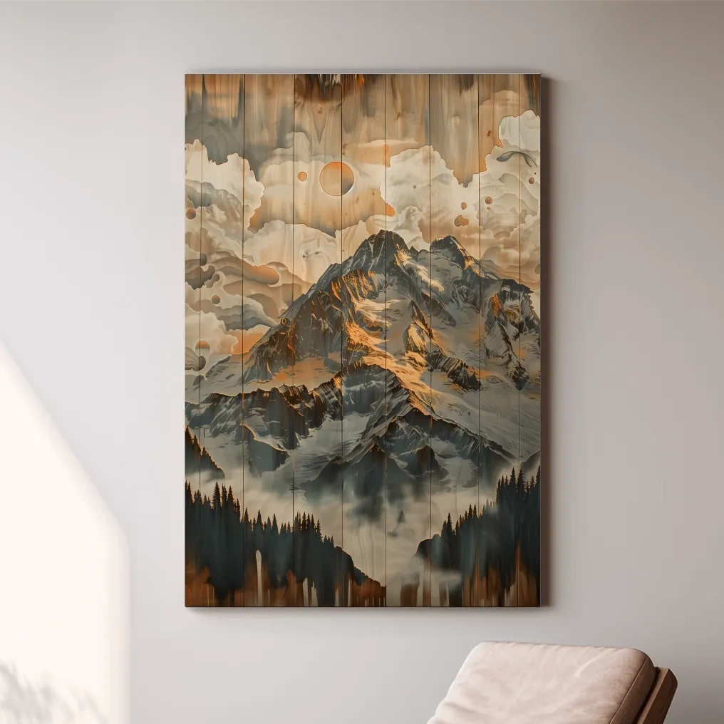 Glacier mountain range wall art, wood panel effect artwork