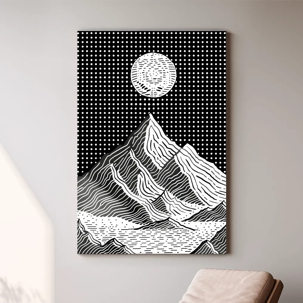 Glacier under the night sky, optical illusion linocut style mountain art